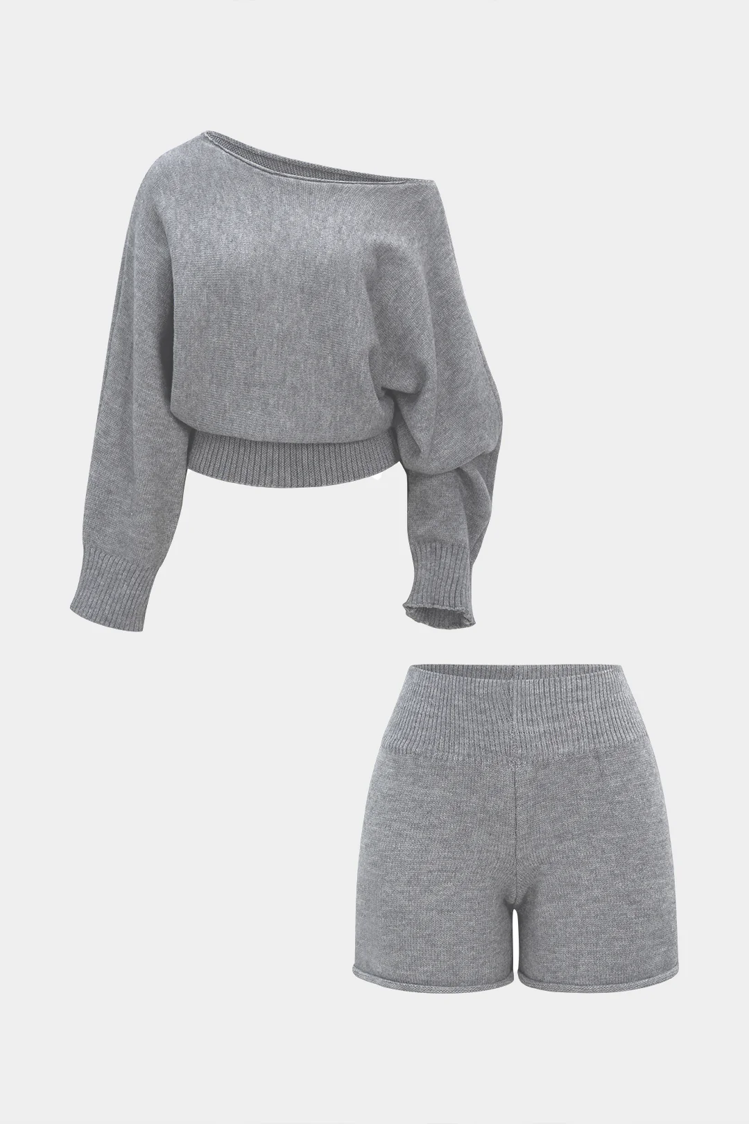 Boat Neck Sweater Long-Sleeve Top  And Shorts Set - Weenar