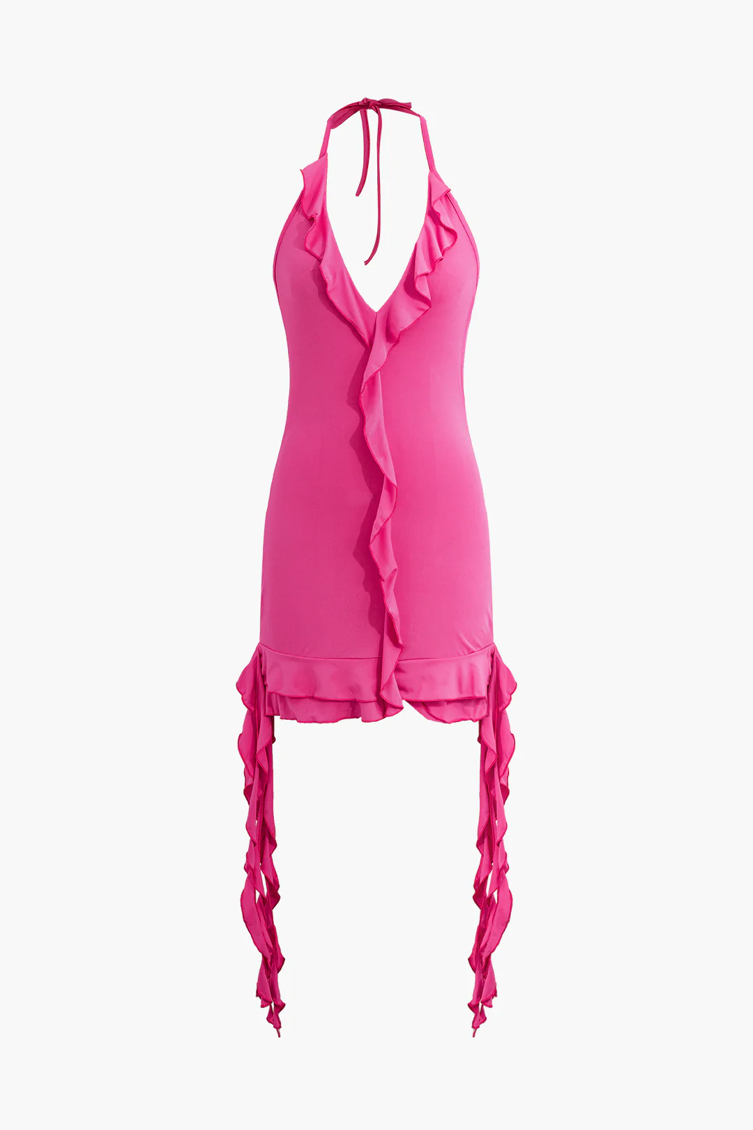 Halter Neck Backless Tie Up Asymmetrical Ruffle Sleeveless Mini Dress - Weenar
