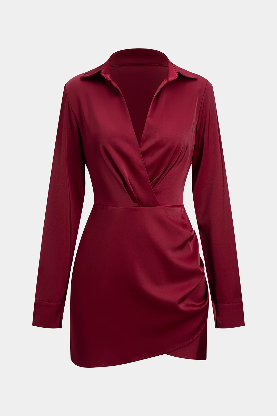 Satin Crossed V-Neck Asymmetrical Ruched Long Sleeve Mini Dress - Weenar