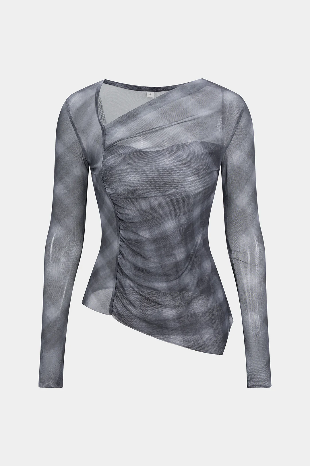 Plaid Print Sheer Mesh Asymmetrical Ruched Top - Weenar