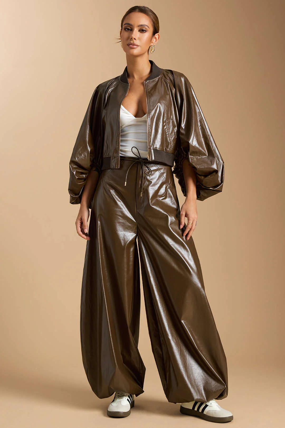 Faux Leather Tie-Up Lantern Trousers - Weenar