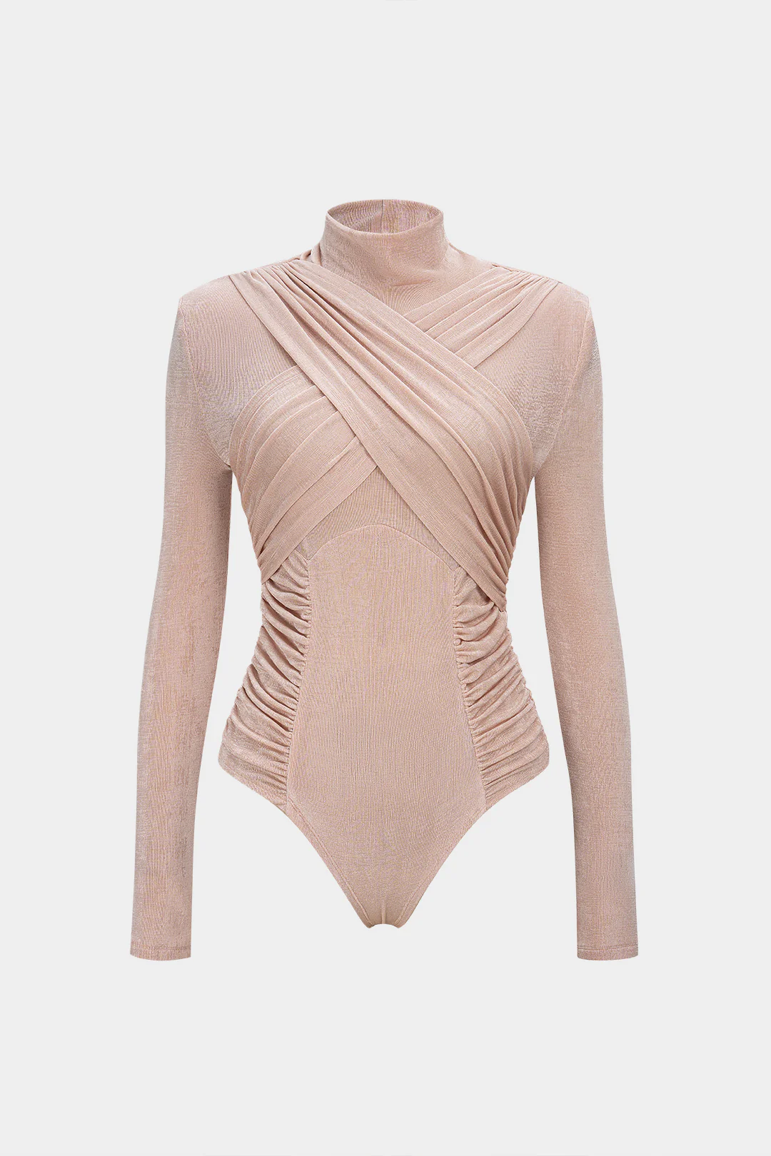Mock Neck Shoulder Pads Ruched Long Sleeve Bodysuit - Weenar