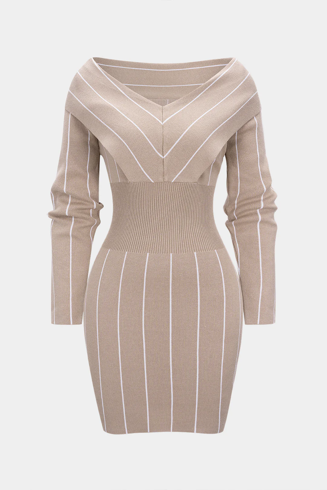 Knit Contrast Stripes Print Long Sleeve Dress - Weenar