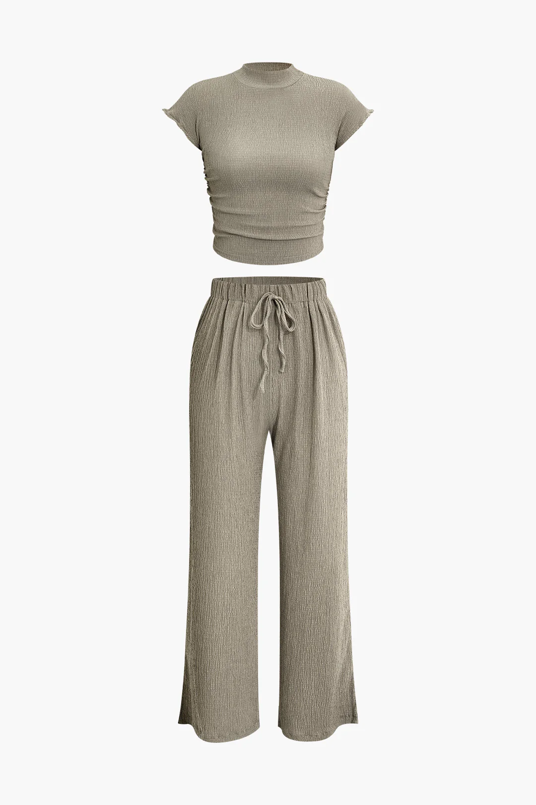 Half-High Collar T-Shirt And Drawstring High Waist Pants Set - Weenar