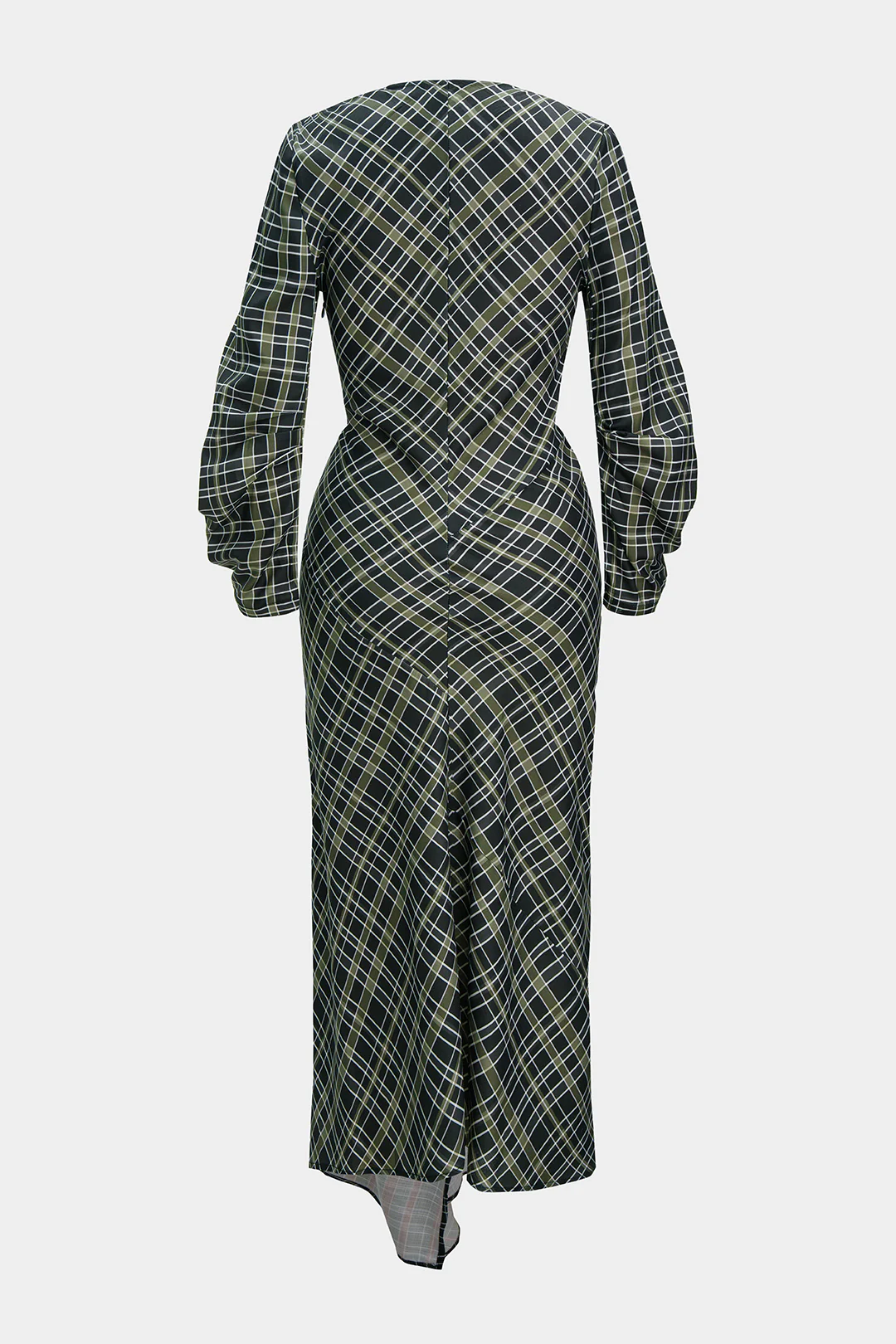 Plaid Print V-Neck Asymmetrical Ruched Long-Sleeve Maxi Dress - Weenar