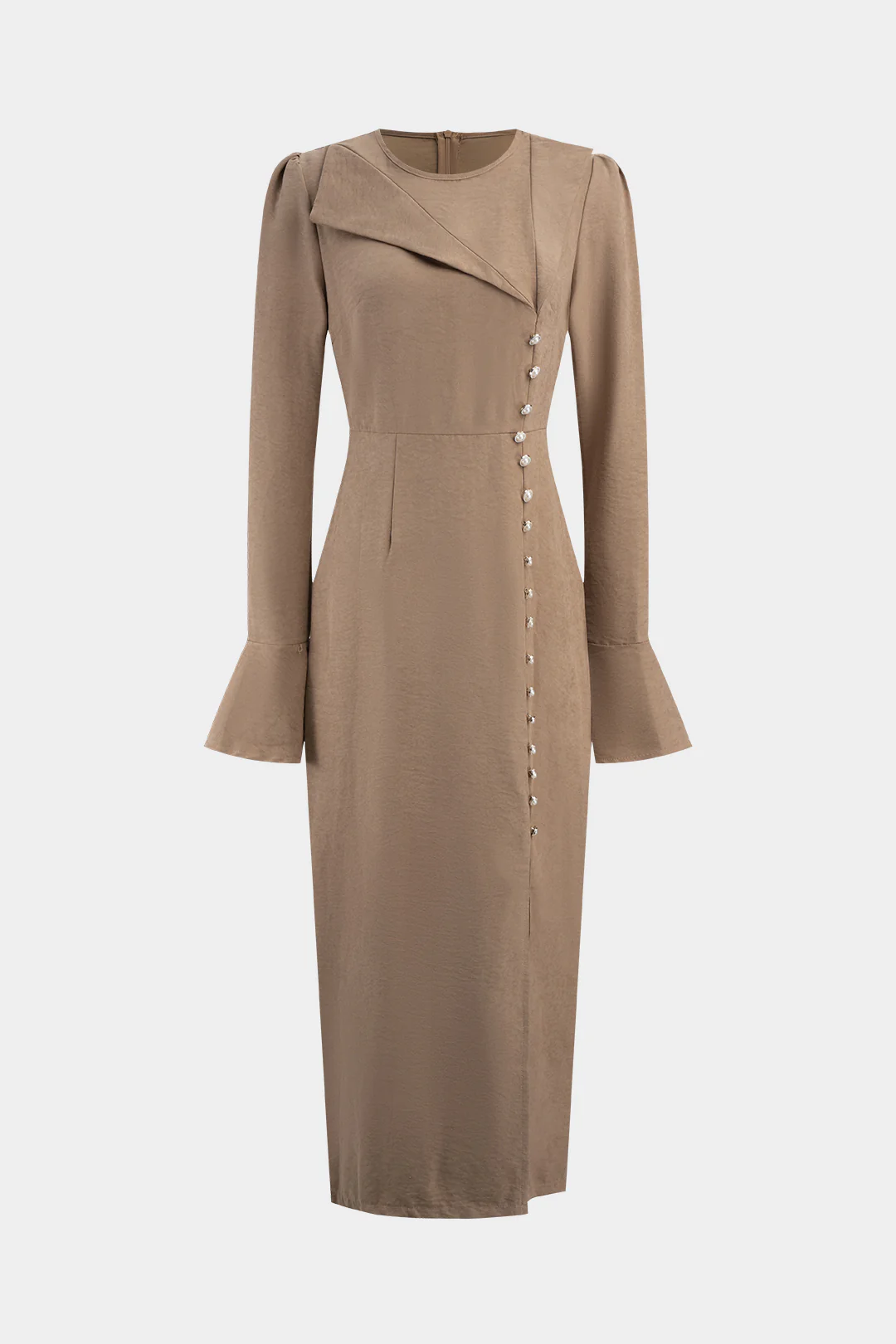 Round Neck Asymmetrical Button Long Sleeve Maxi Dress - Weenar