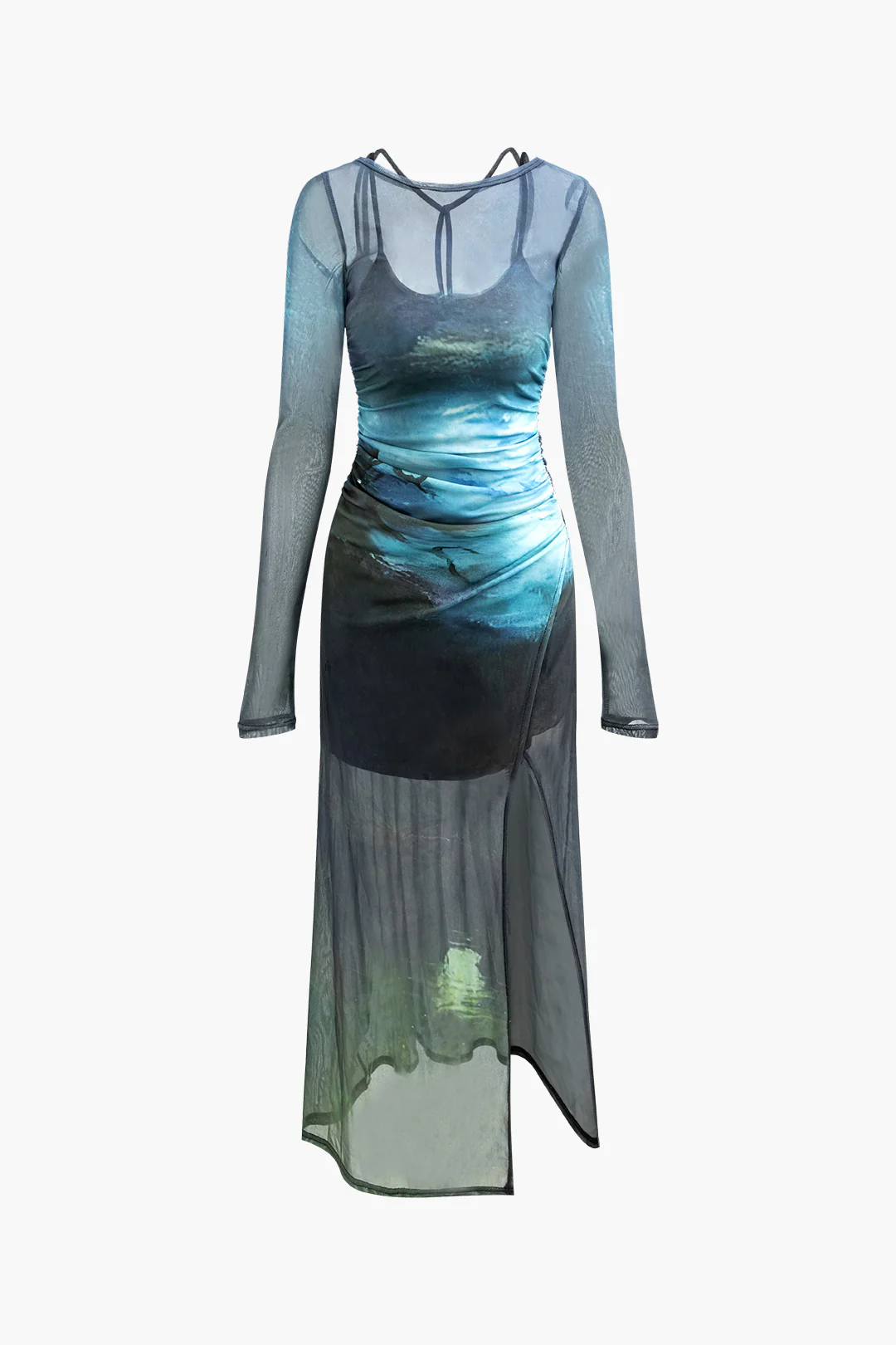Mesh Contrast Print Asymmetrical Ruched Slit Long Sleeve Midi Dress - Weenar