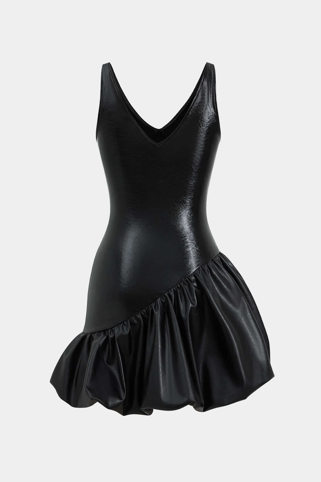 Faux Leather Ruched V-Neck Asymmetrical Mini Dress - Weenar