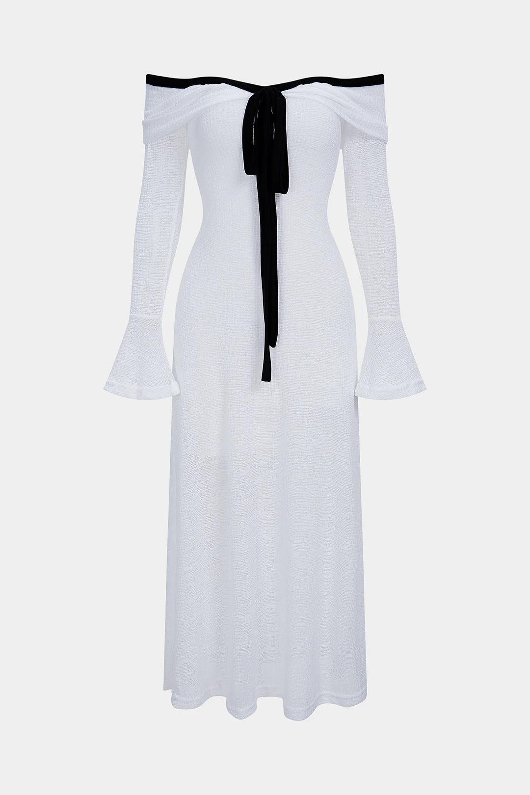 Knit Contrast Binding Off Shoulder Tie-Up Long Sleeve Dress - Weenar