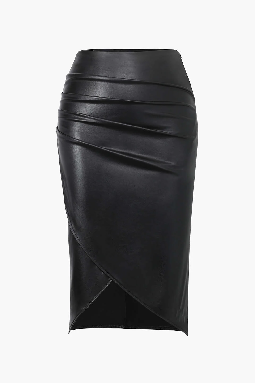 Plus Size Faux Leather Ruched Zipper Skirt - Weenar