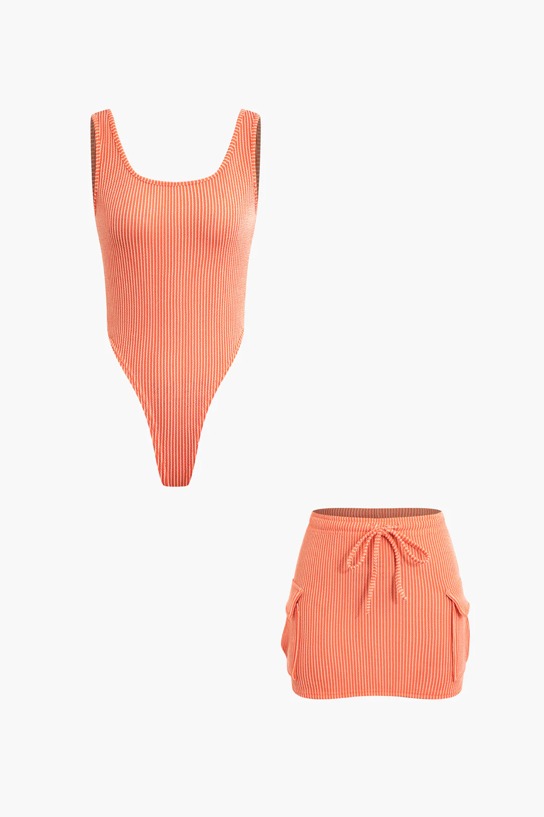 Stripes Bikini And Drawstring Pocket Skirt Set - Weenar