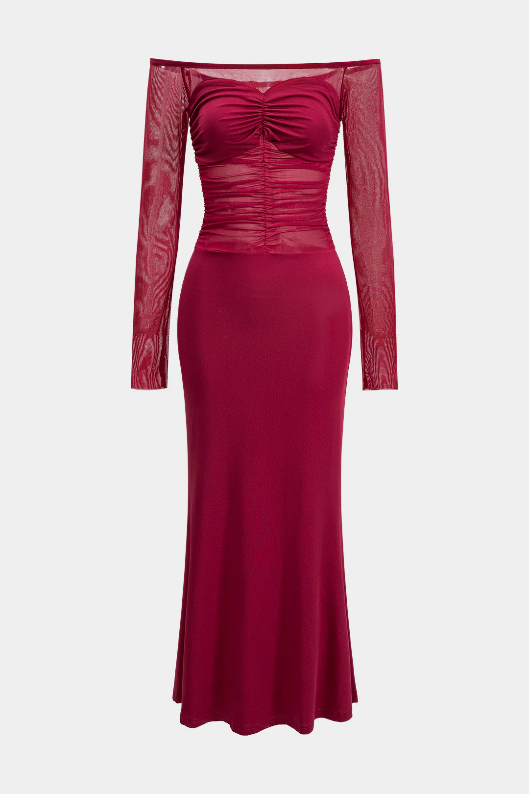 Mesh Patchwork Off Shoulder Ruched Long Sleeve Maxi Dress - Weenar