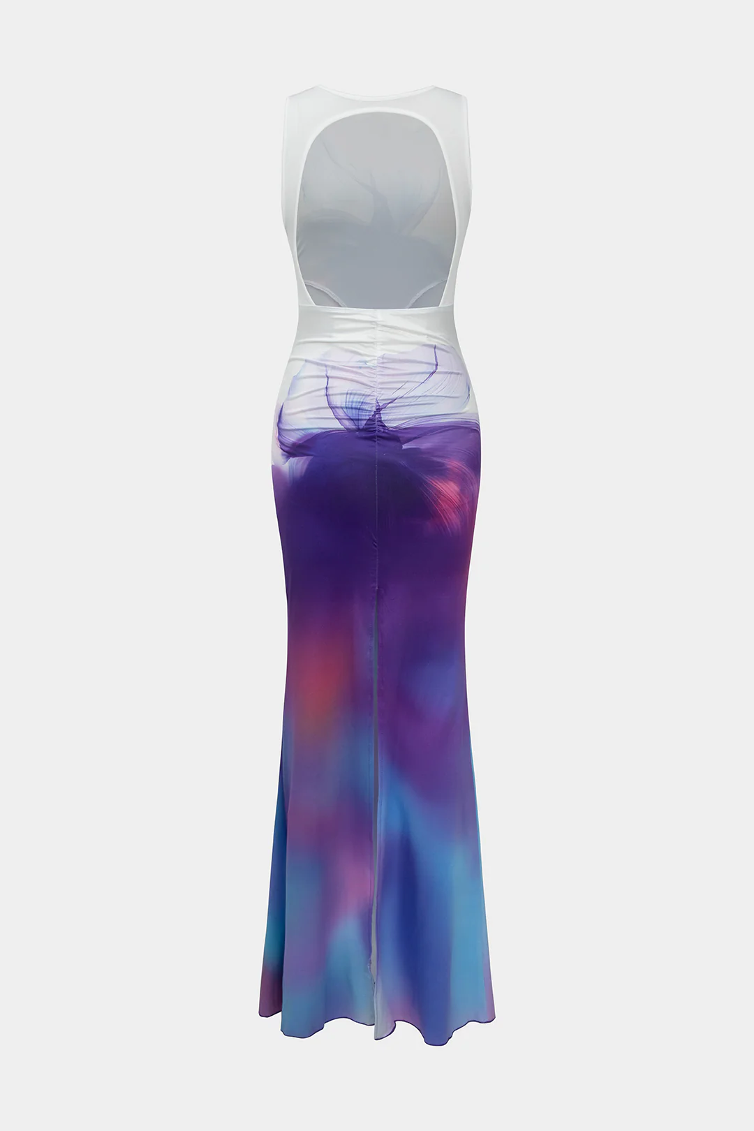 Ombre Floral Print Backless Ruched Sleeveless Maxi Dress - Weenar
