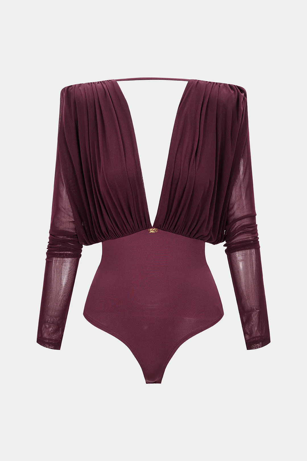 Mesh Ruched V-Neck Long Sleeve Bodysuit - Weenar
