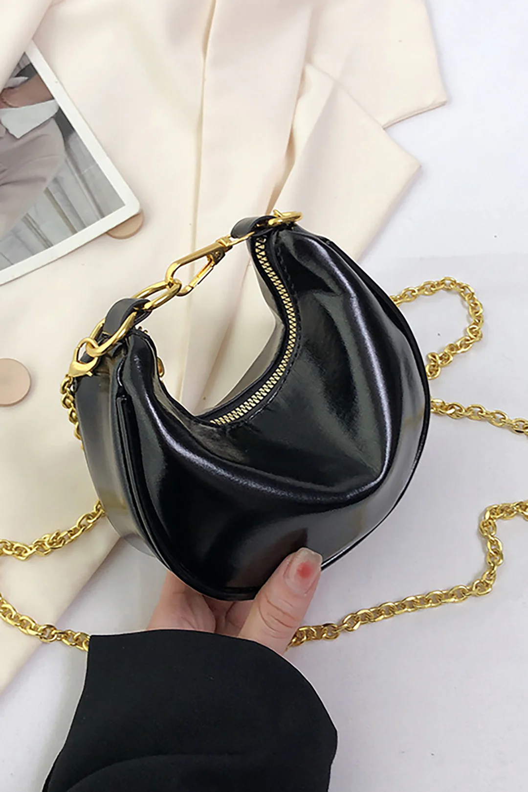 Faux Leather Chain Zipper Tote Bag - Weenar
