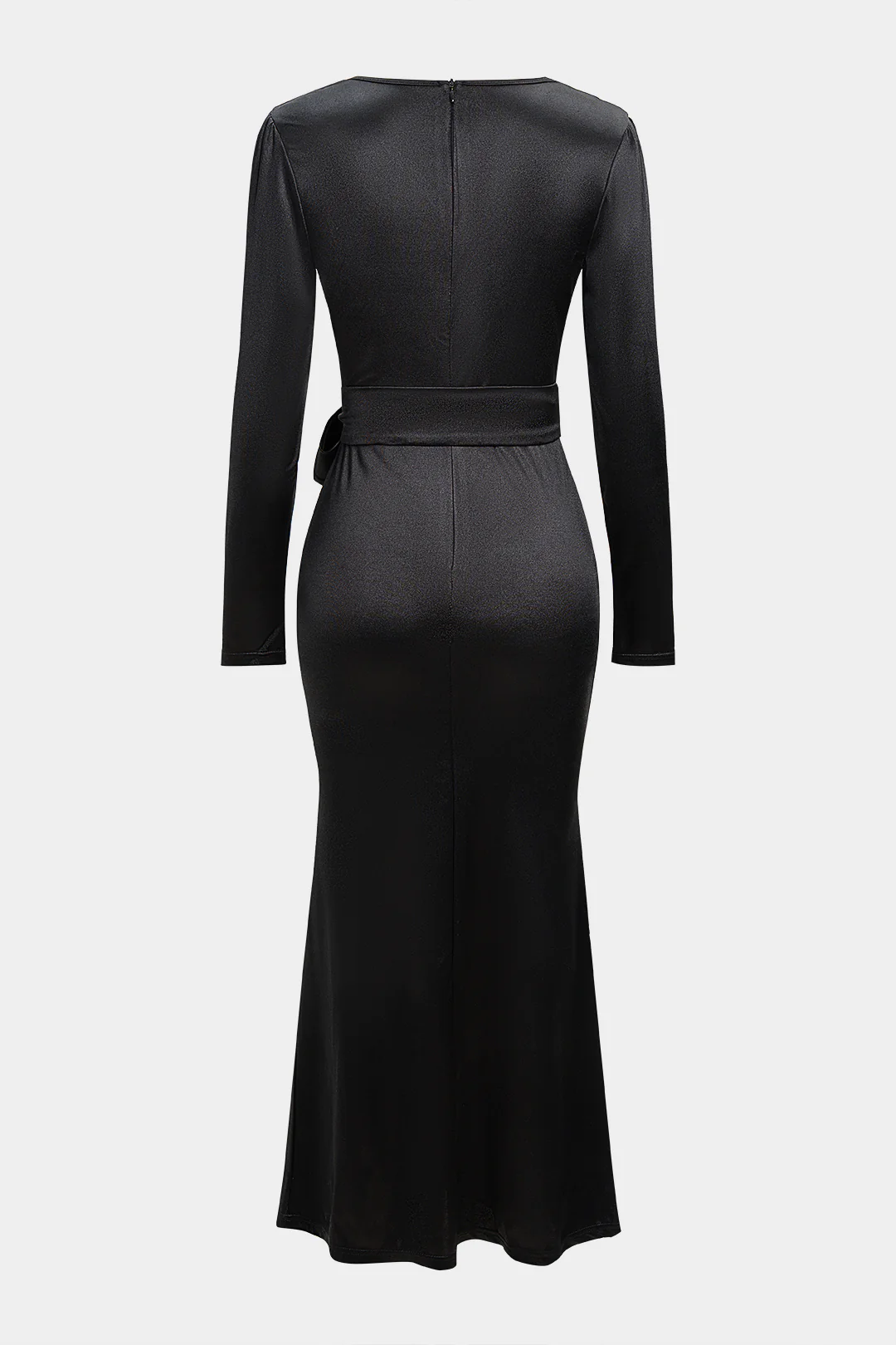 Satin Ruched V-Neck Belted Long Sleeve Midi Dress - Weenar