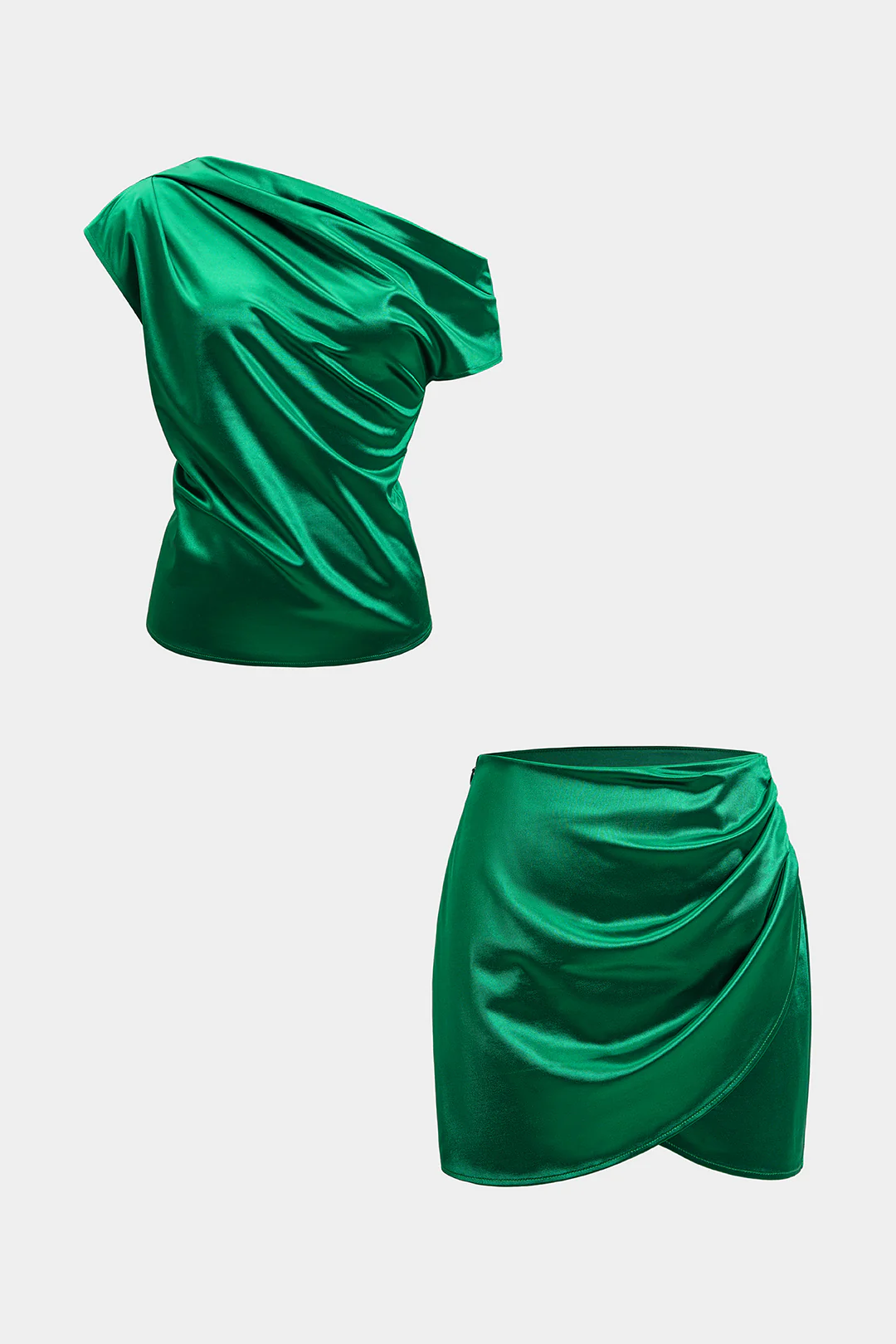 Satin One Shoulder Ruched Top And Asymmetrical Skirt Set - Weenar
