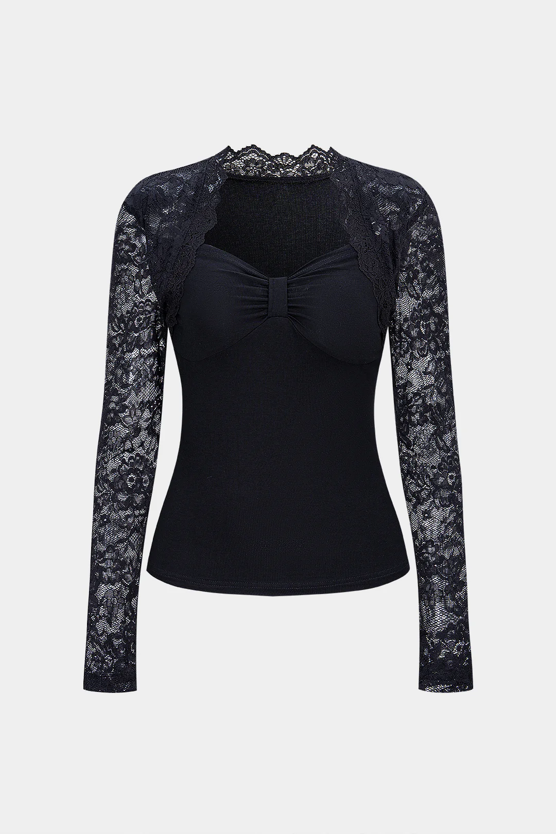 Lace Patchwork Ruched Long-Sleeve Top - Weenar