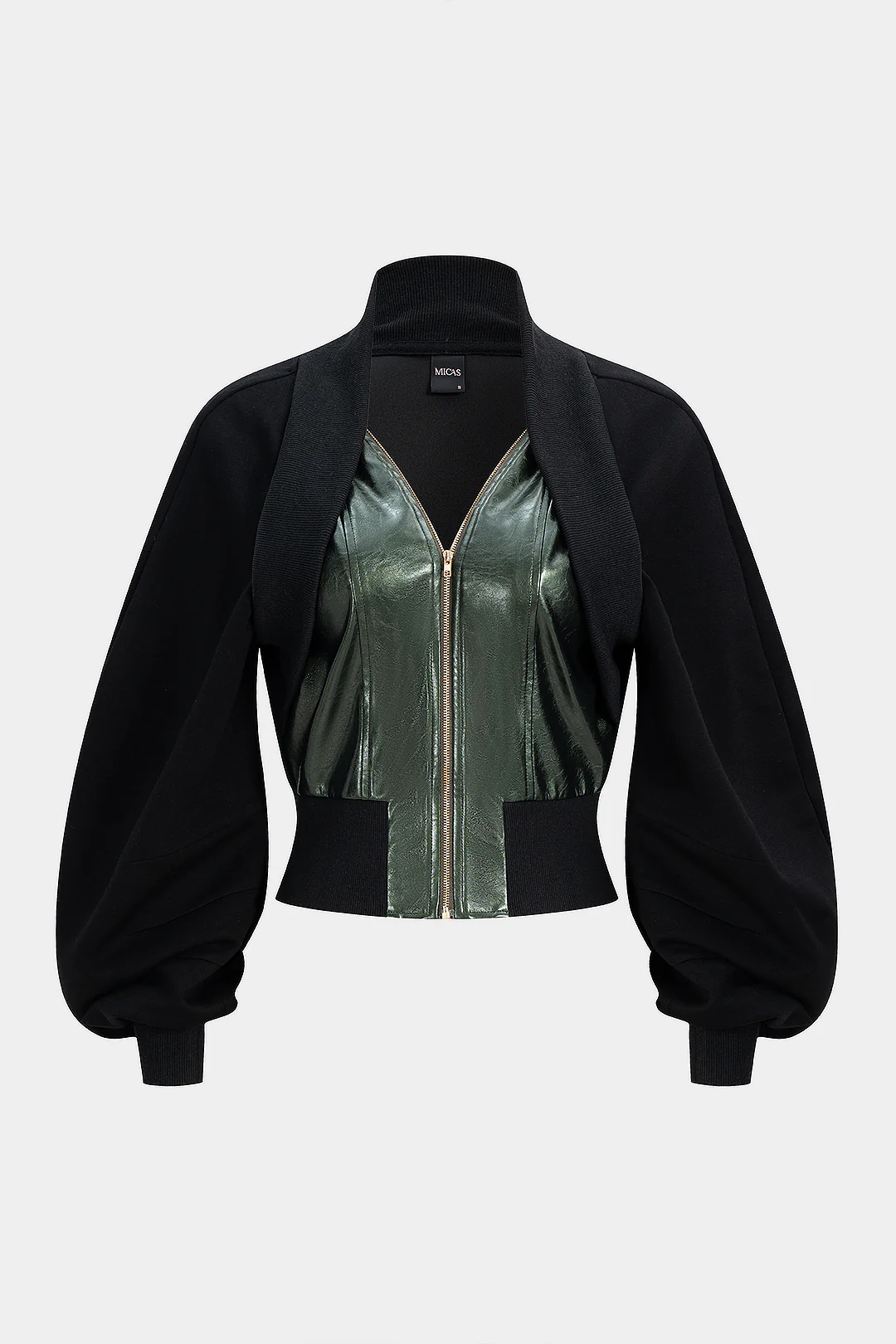 Faux Leather Patchwork V-Neck Zipper Lantern Sleeve Jacket - Weenar
