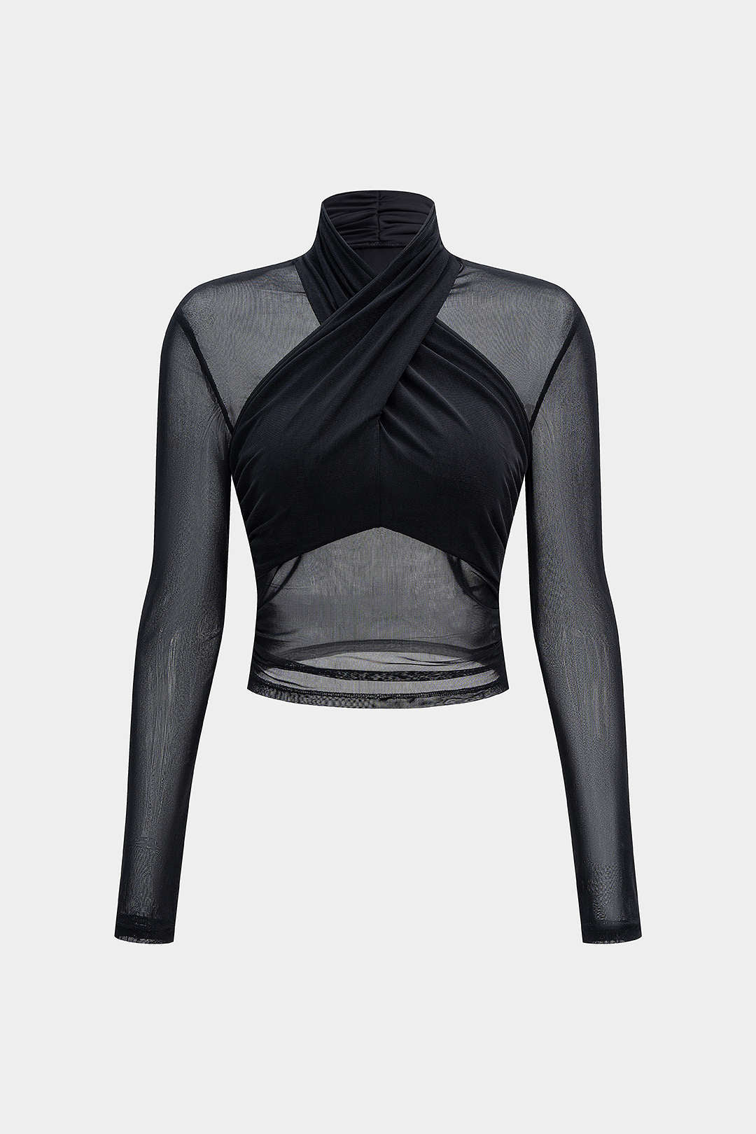Mesh Sheer Ruched Long-Sleeve Top - Weenar