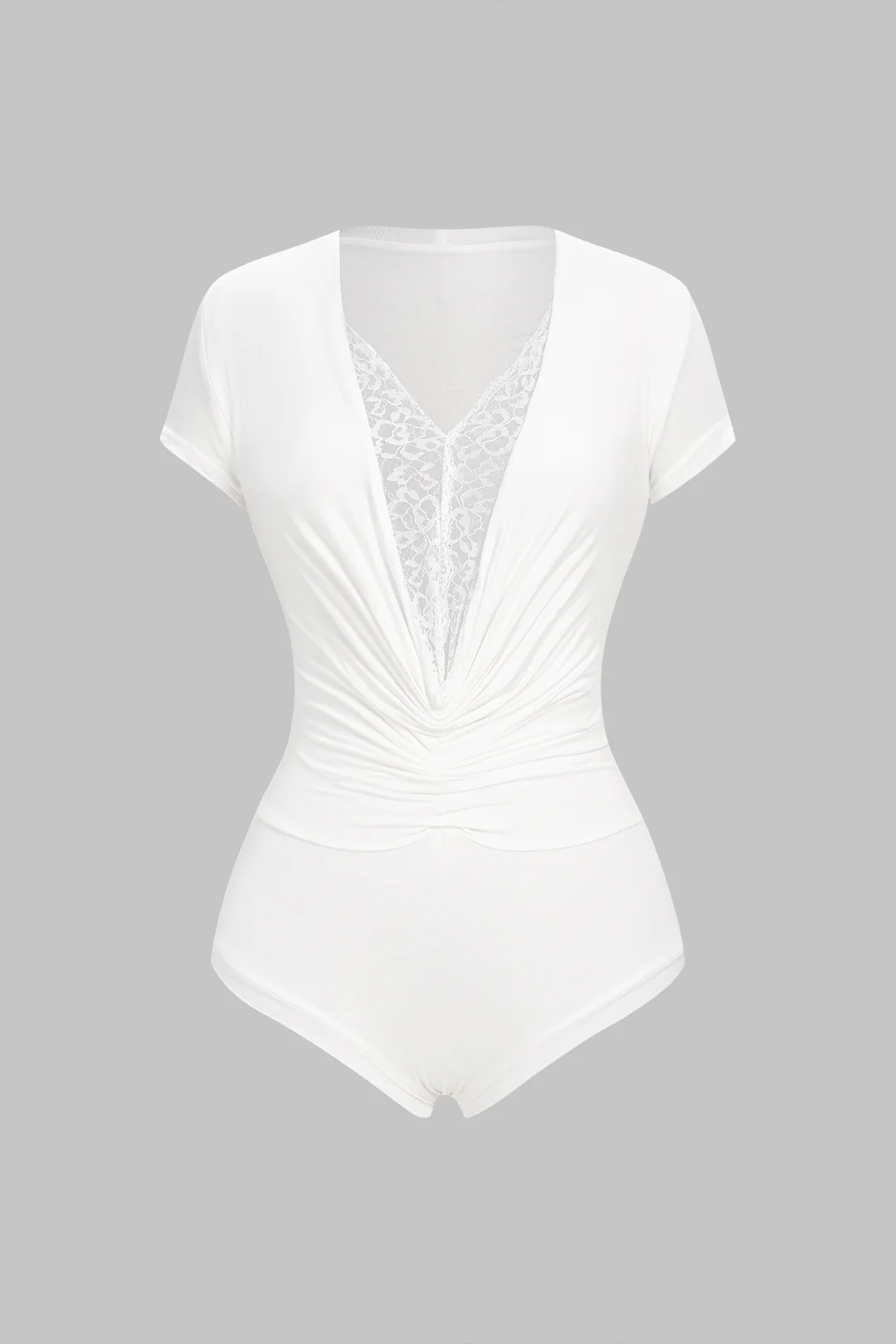 Lace Trim Patchwork V-Neck Ruched Short Sleeve Bodysuit - Weenar