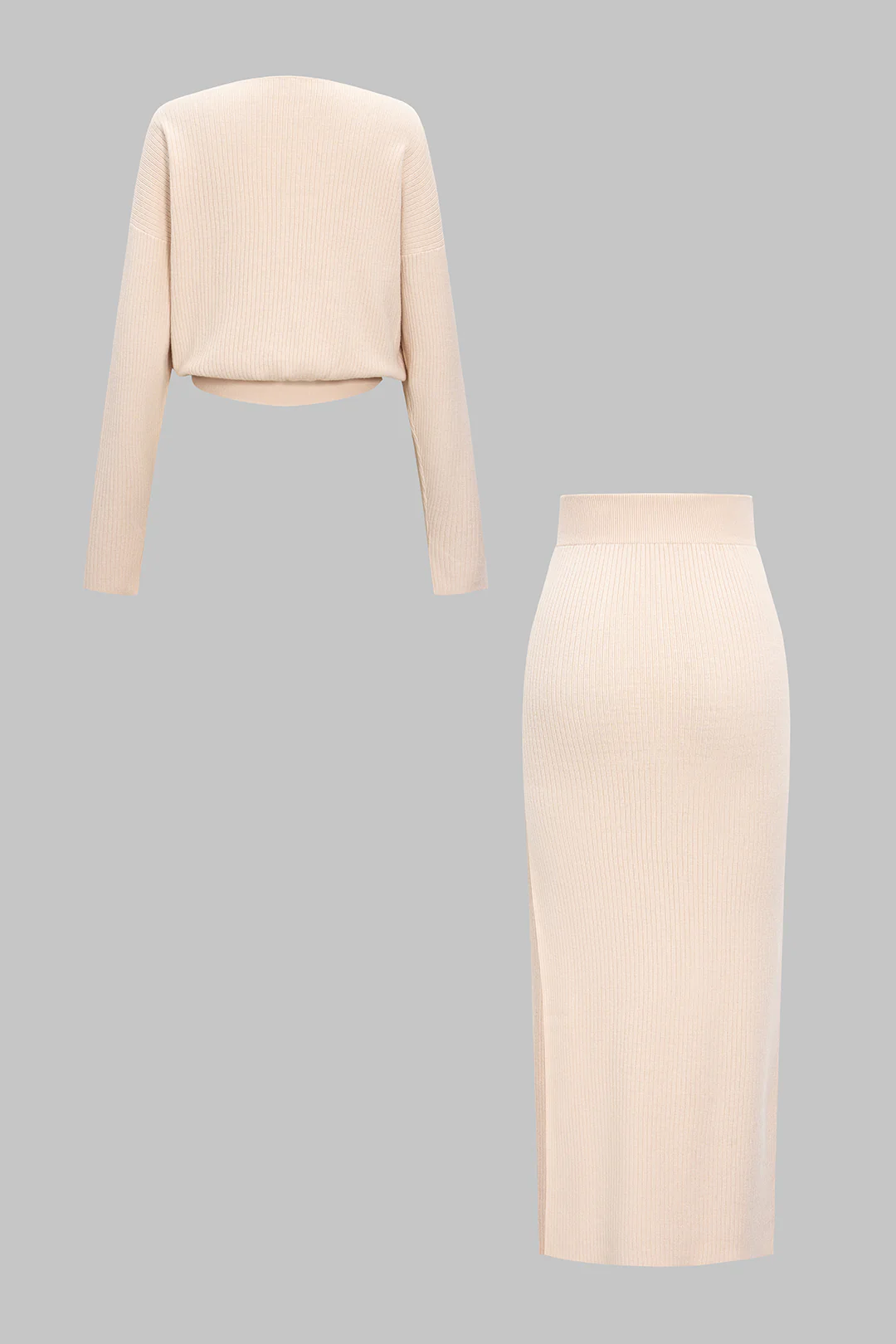 Knit Cross V-Neck Long Sleeve Top And Skirt Set - Weenar