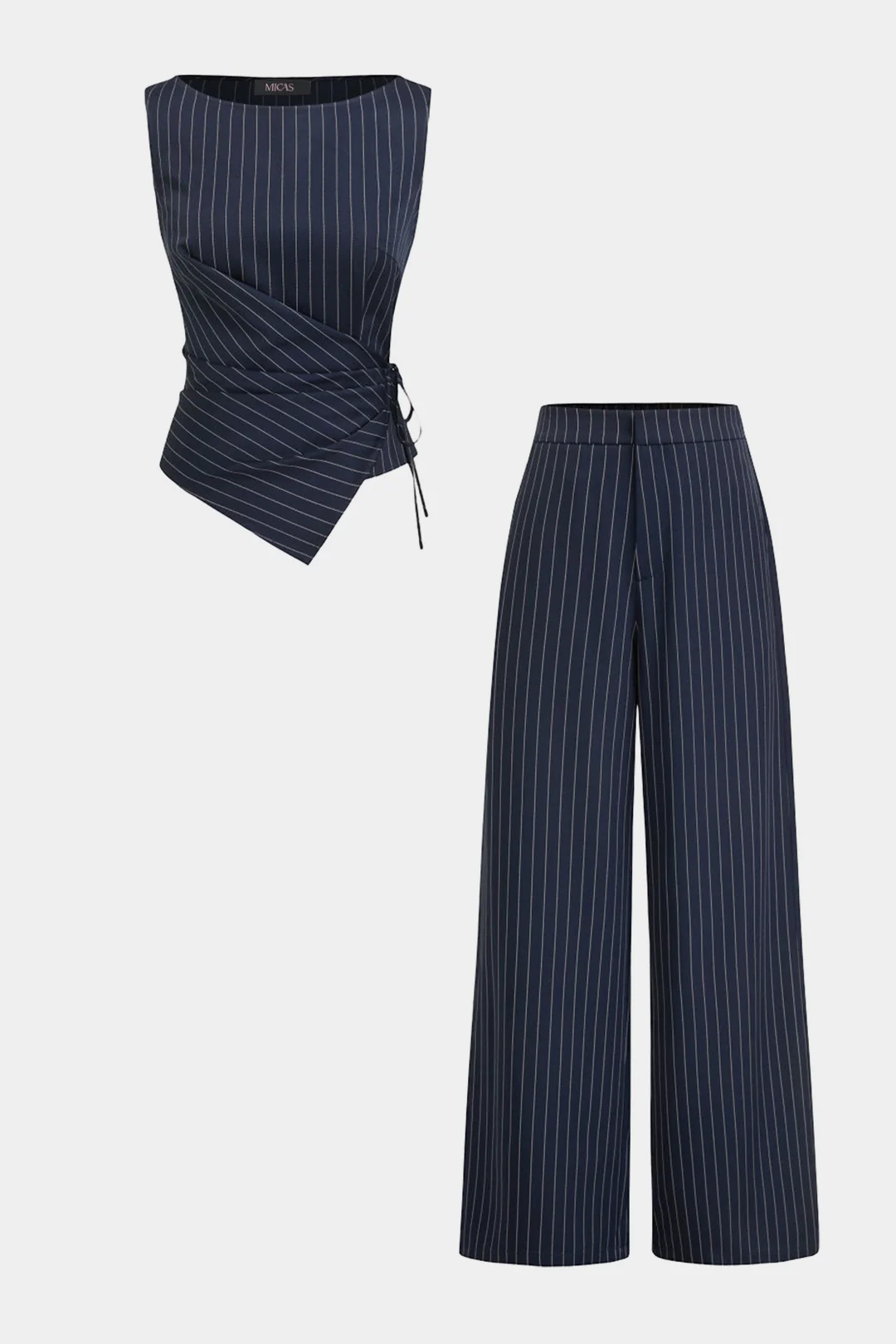 Stripes Asymmetrical Wrap Tie-Up Tank Top And Wide Leg Pants Set - Weenar