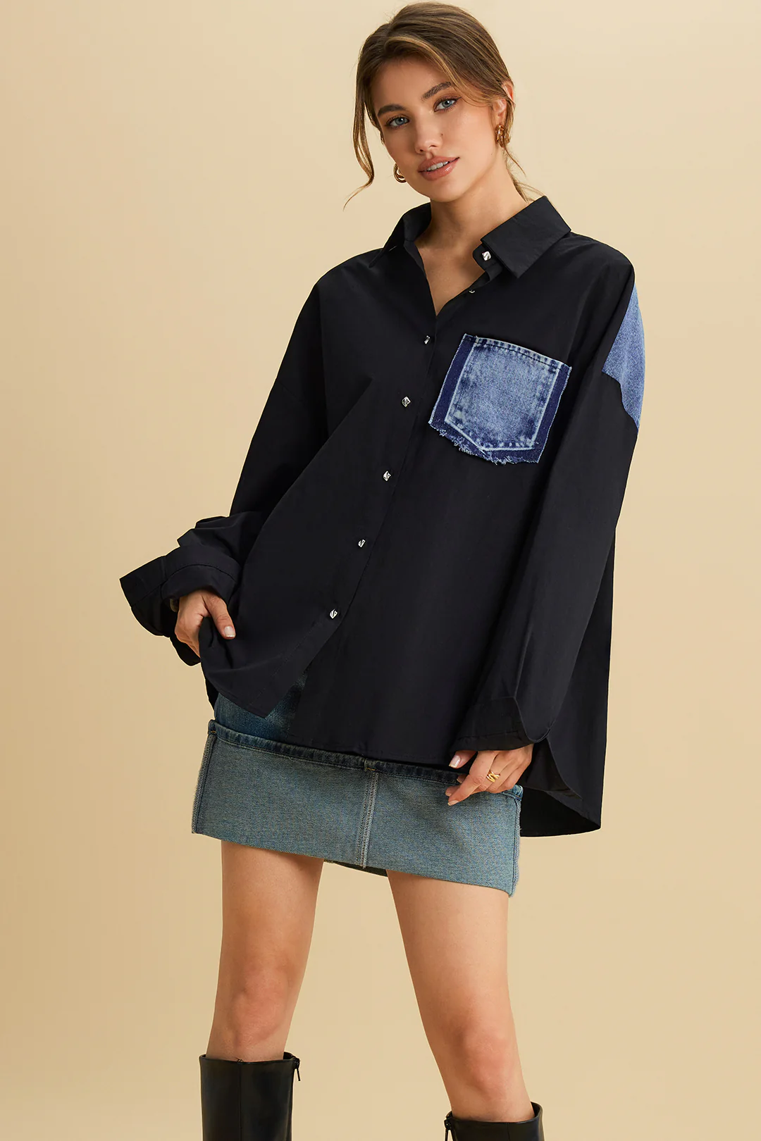Patchwork Denim Long Sleeve Shirt - Weenar