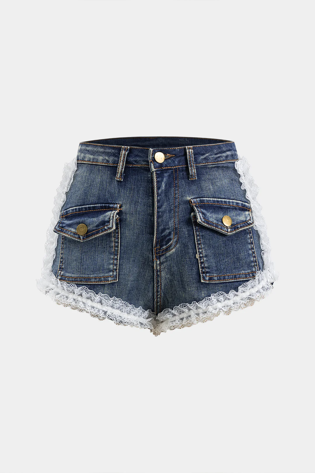 Denim Lace Patchwork Pocket Shorts - Weenar