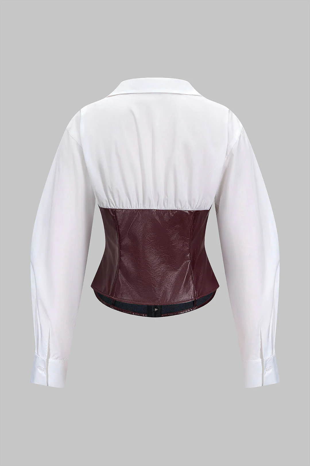 Faux Leather Patchwork Hook And Eye Waist-Cinching Long-Sleeve Shirt - Weenar