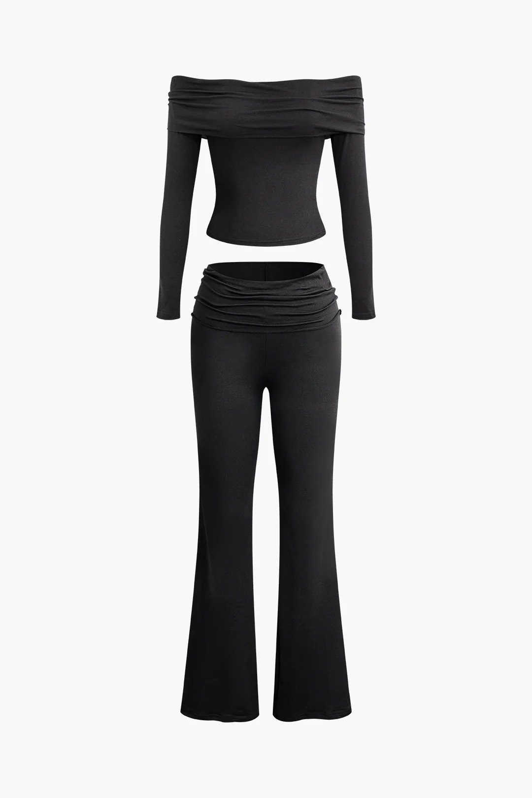 Off Shoulder Ruched Long-Sleeve Top And Flared Pants Set - Weenar