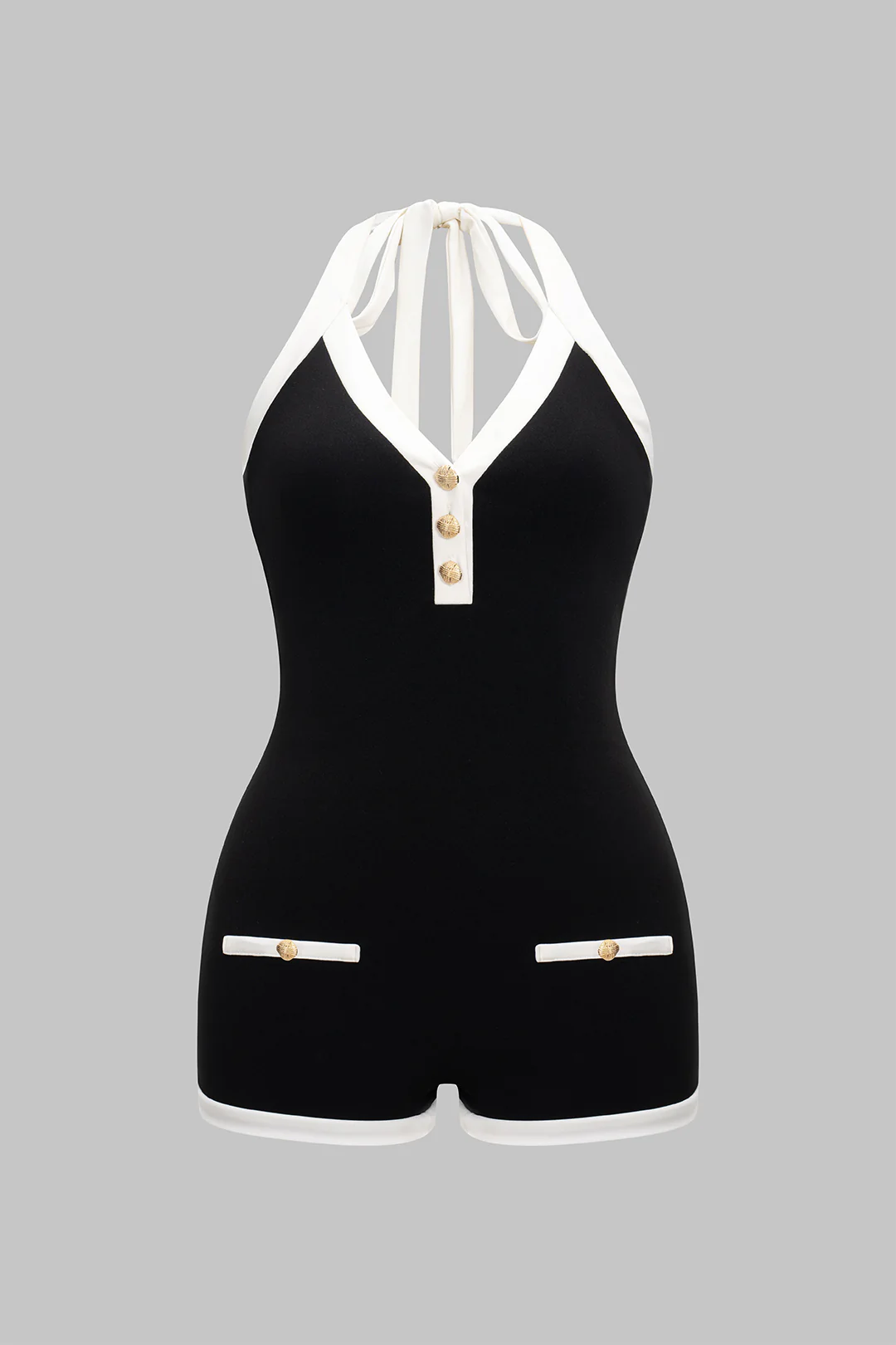 Plus Size Contrast Halter Tie-Up Backless Sleeveless Romper - Weenar