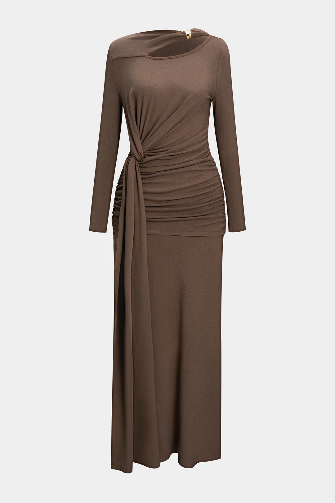 Metallic Ruched Asymmetrical Neck Long Sleeve Maxi Dress - Weenar