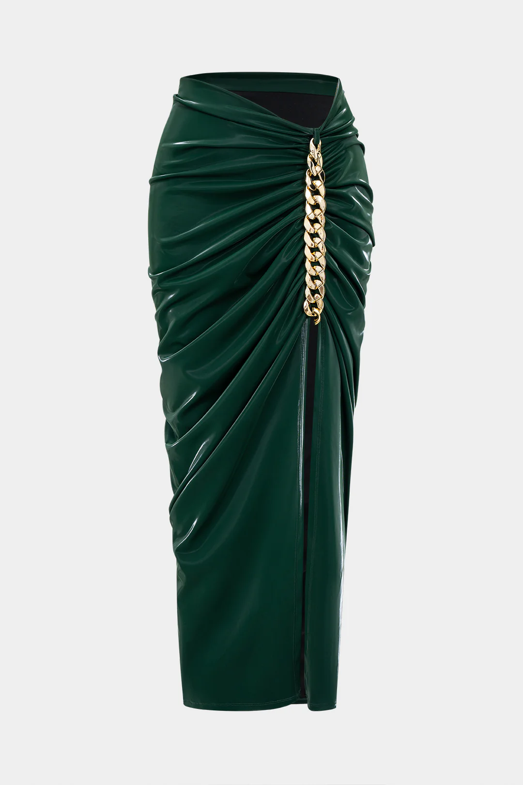 Faux Leather Metallic Chain Ruched Asymmetrical Skirt - Weenar