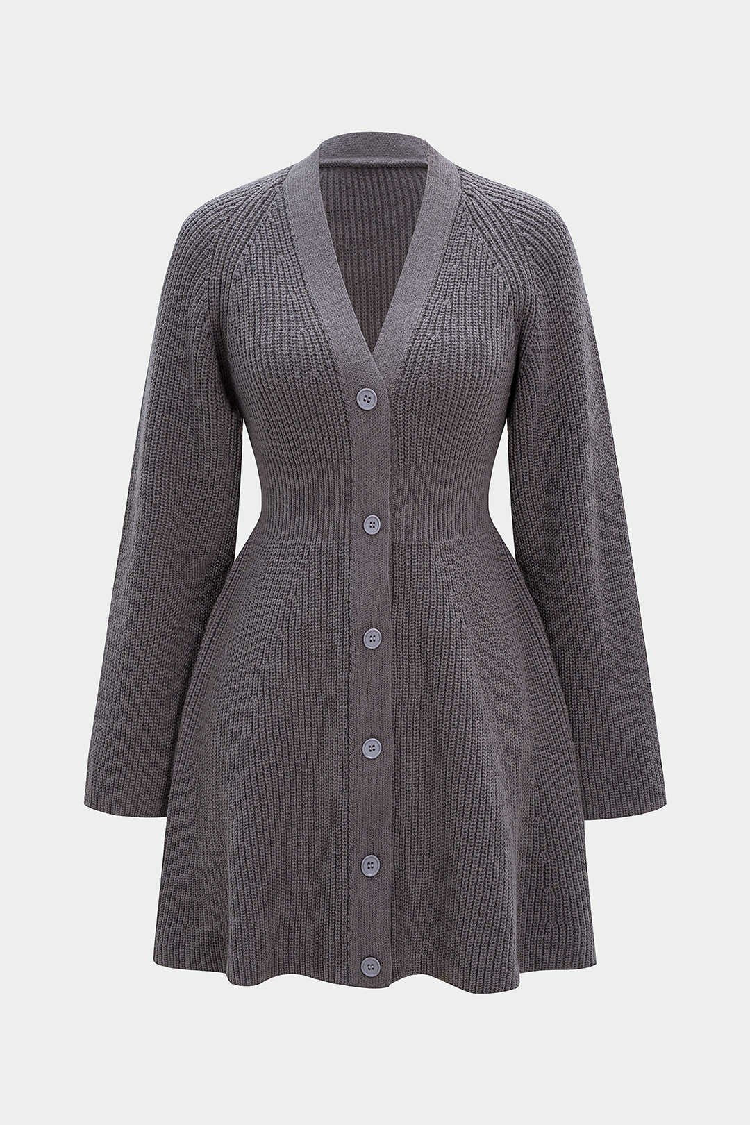 Knit V-Neck Long Sleeve Dress - Weenar