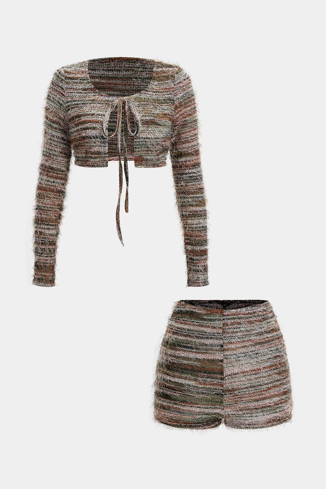 Fringe Strappy Cut Out Cropped Long-Sleeve Top And Shorts Set - Weenar