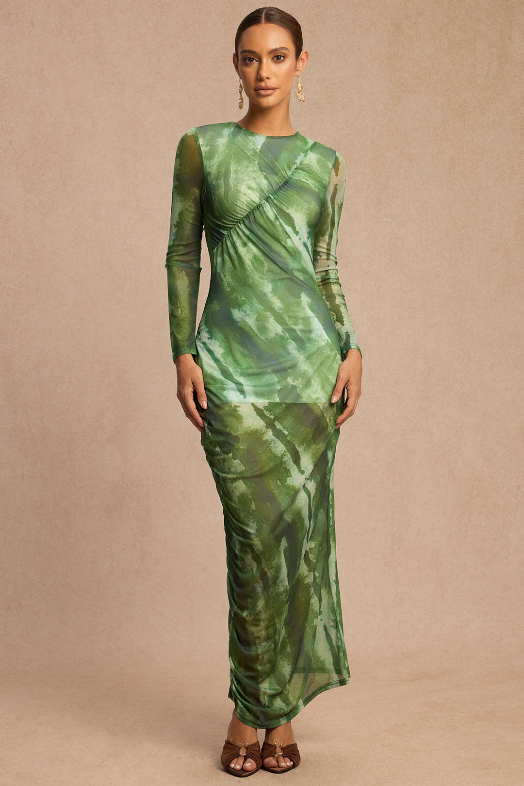 Tie Dye Print Mesh Round Neck Ruched Long Sleeve Midi Dress - Weenar
