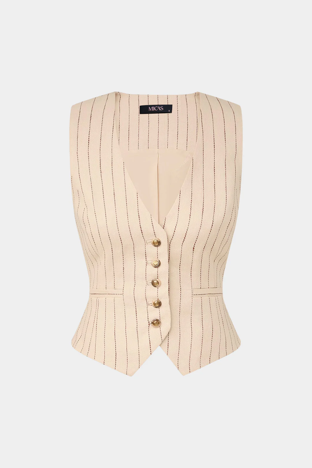 Stripes Print Linen Patchwork V-Neck Button Vest And Belted Wide Leg Pants Set - Weenar