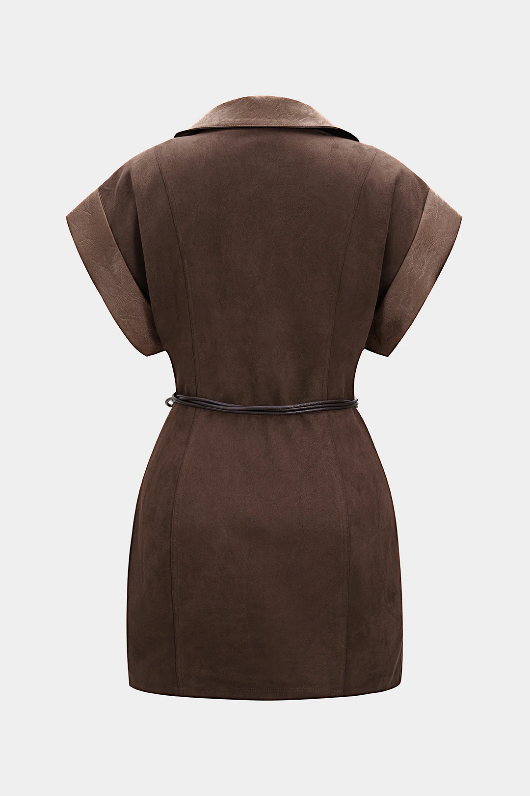 Faux Leather Suede V-Neck Patchwork Belted Sleeveless Mini Dress - Weenar