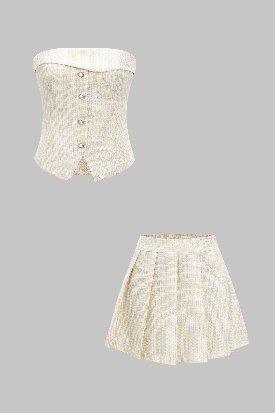 Pearl Button Tube Top And Pleated Skirt Set - Weenar