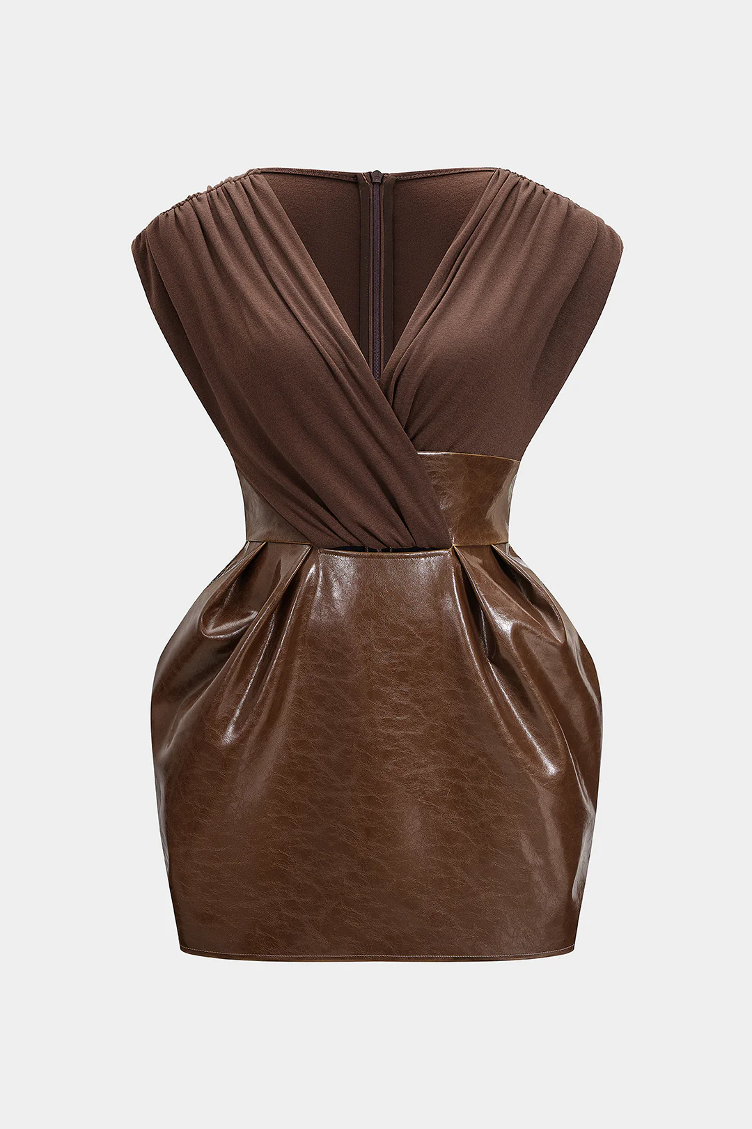 Plus Size Faux Leather Patchwork V-Neck Ruched Sleeveless Mini Dress - Weenar