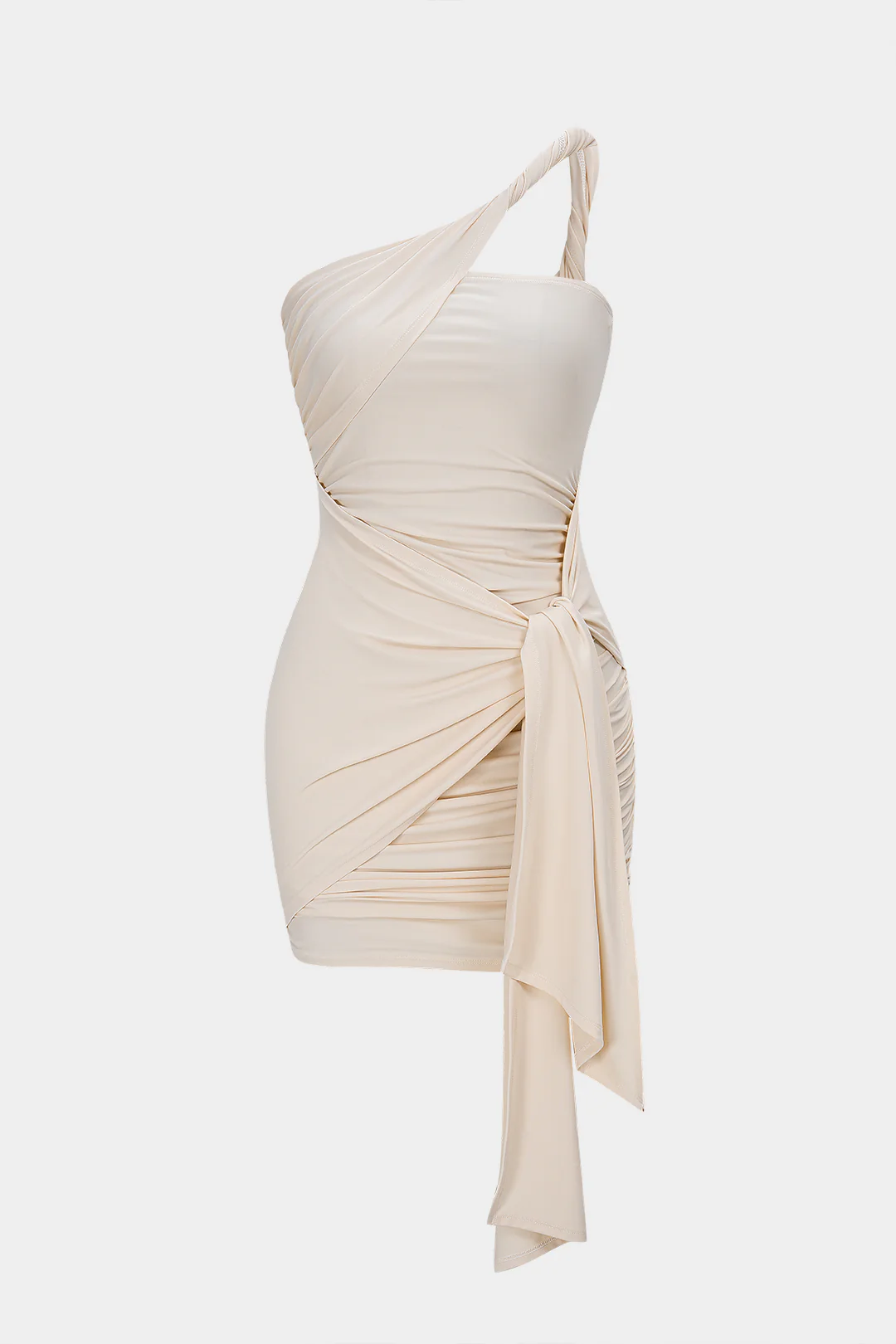 One Shoulder Twist Knot Asymmetrical Tie-Up Ruched Sleeveless Mini Dress - Weenar