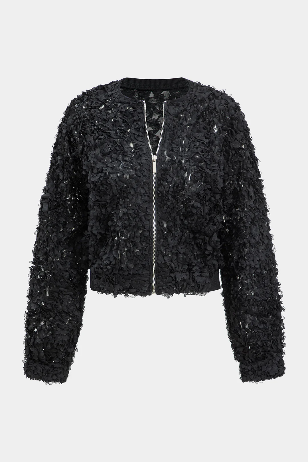 Sequin Round Neck Zipper Long-Sleeve Jacket - Weenar