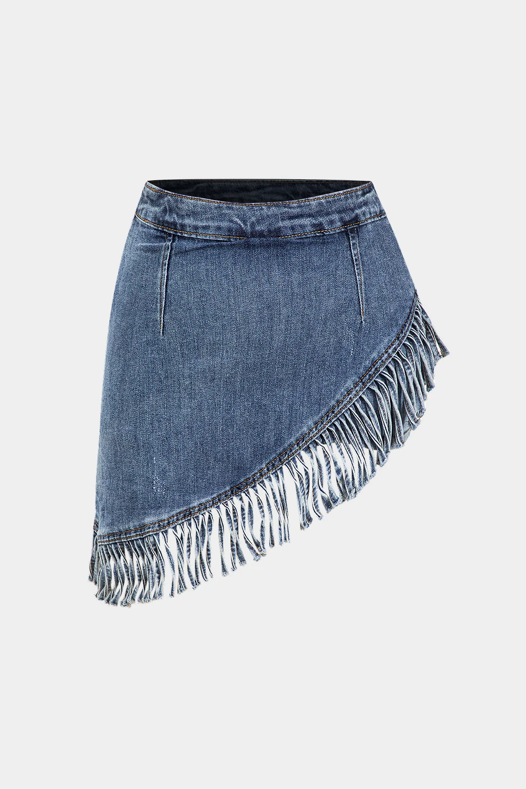 Denim Asymmetrical Fringe Hem High Waist Skirt - Weenar