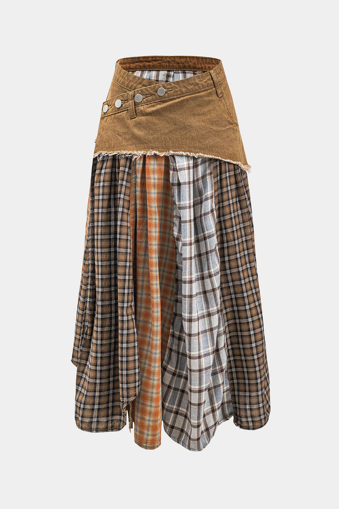Color Block Plaid Print Denim Patchwork Asymmetrical Skirt - Weenar