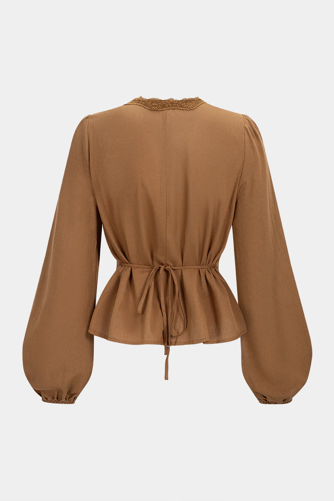 Lace Trim V-Neck Tie-Back Long-Sleeve Shirt - Weenar