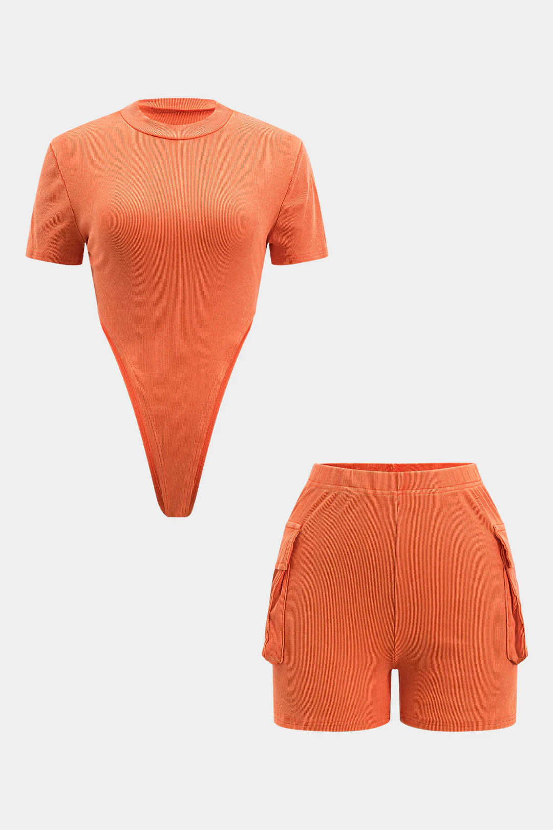 Short Sleeve Bodysuit And  Pocket Detail Shorts Set - Weenar