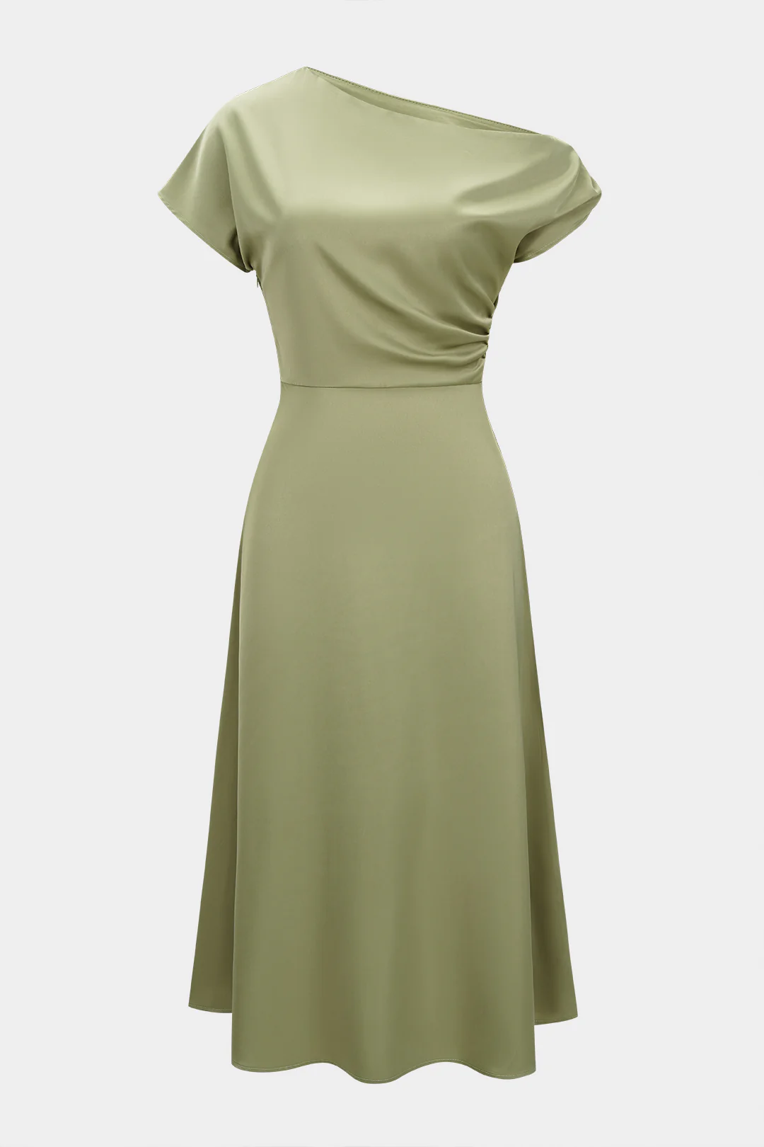 Satin One Shoulder Ruched Short Sleeve Midi Dress - Weenar