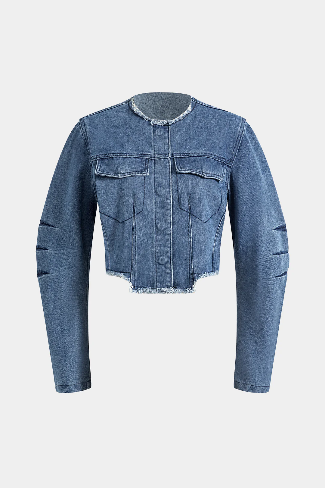 Denim Patchwork Button Round Neck Pocket Outerwear - Weenar