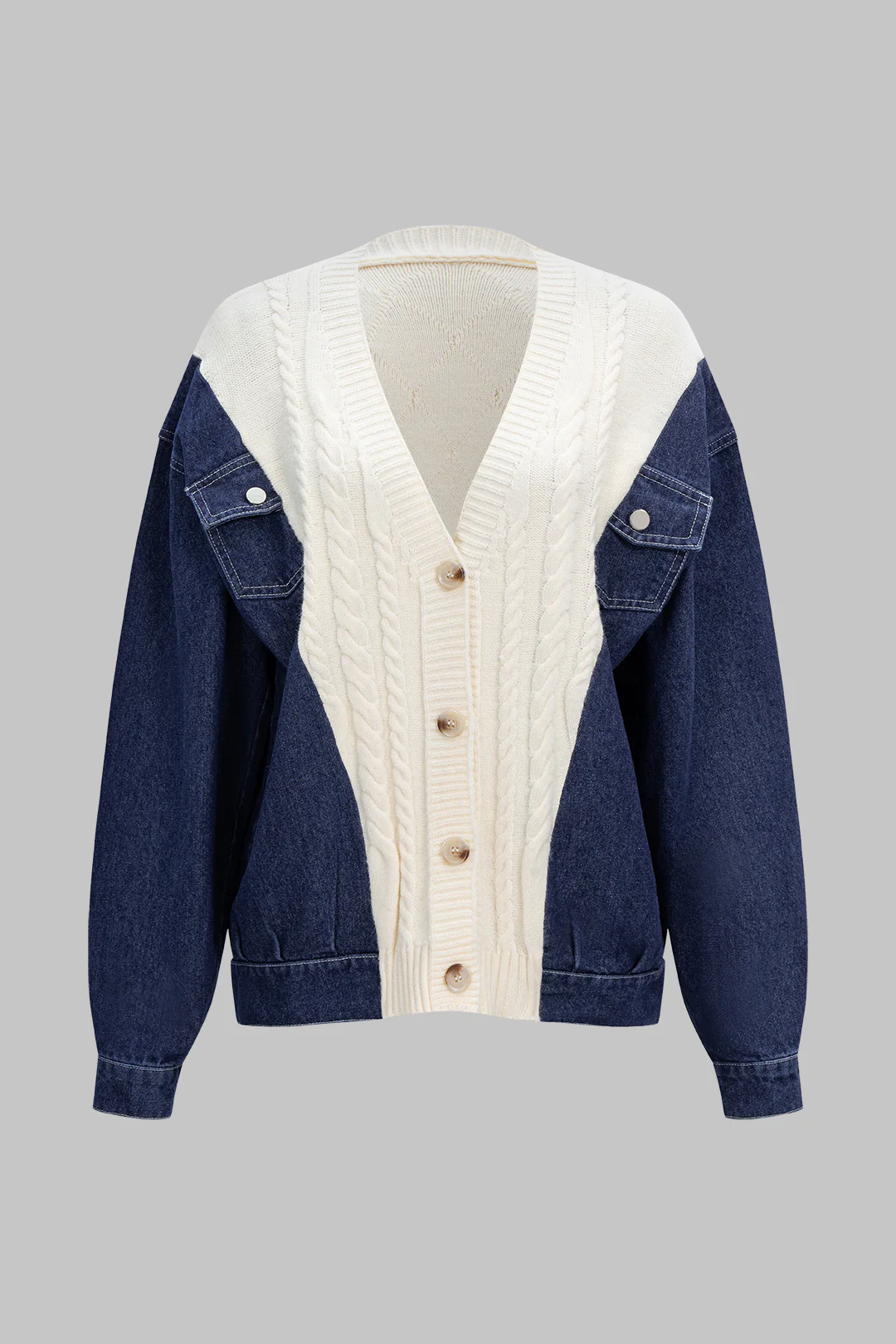 Patchwork Button Cable Sweater Cardigan - Weenar